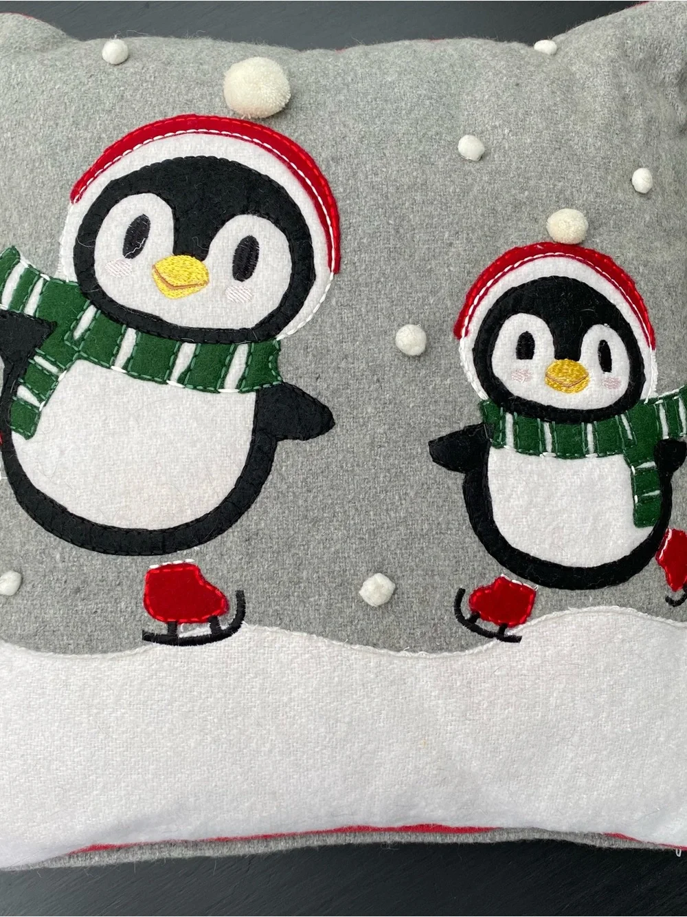 Penguins Skating Holiday Appliqué Pillow Cover, Gray,White,Red,Green 20x20